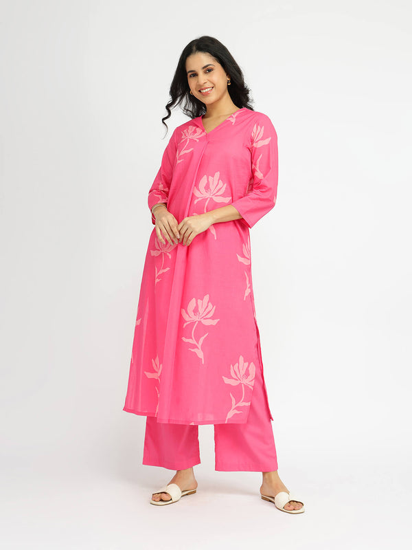 Cotton Floral A-Line Kurta Set - Pink