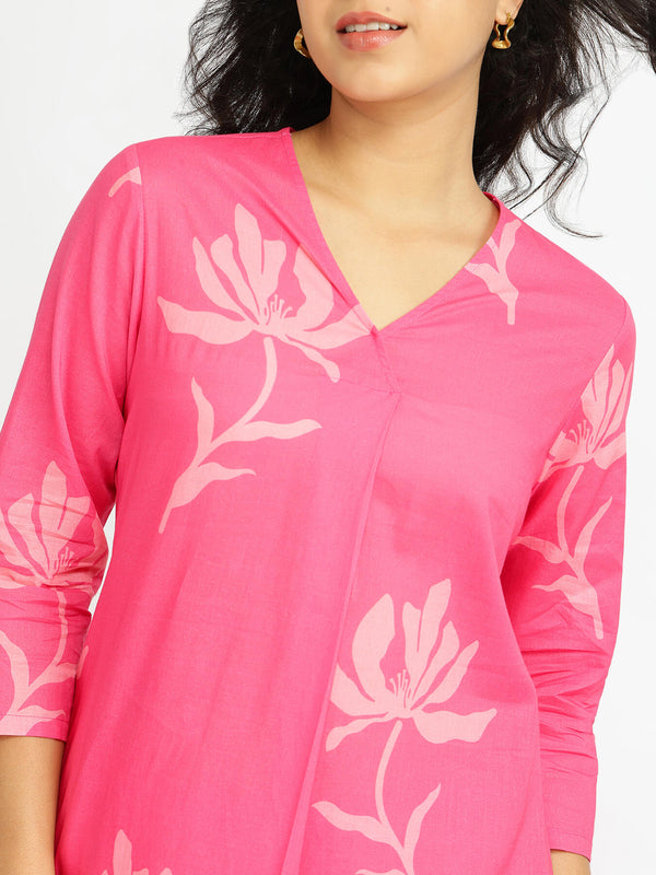 Cotton Floral A-Line Kurta Set - Pink