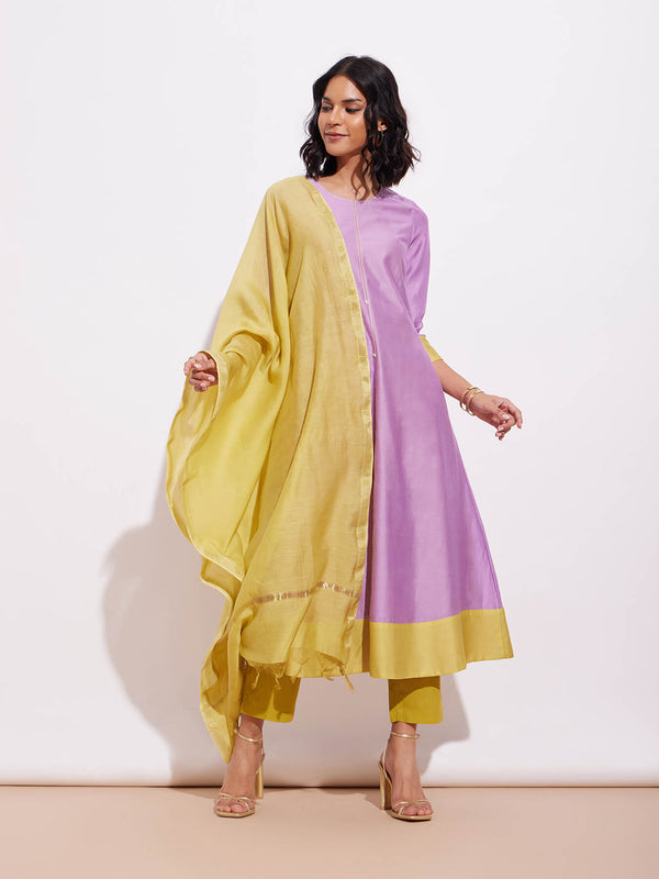 Chanderi Colourblock Kurta Set - Lavender & Yellow