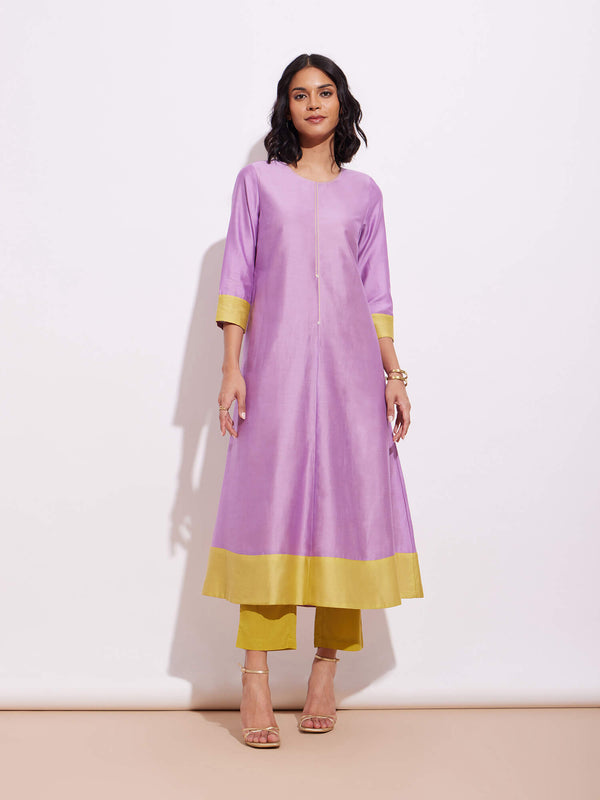 Chanderi Colourblock Kurta Set - Lavender & Yellow