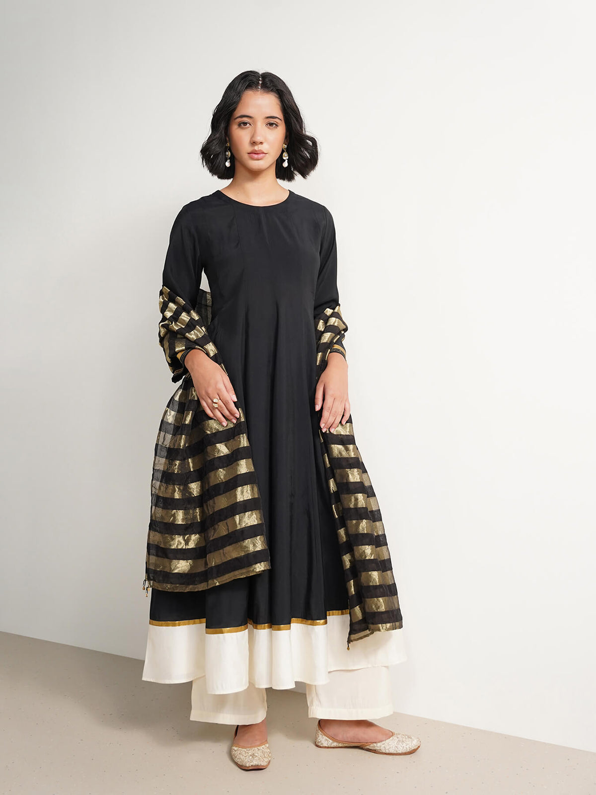 Viscose Anarkali Kurta Set with Dupatta - Black & White