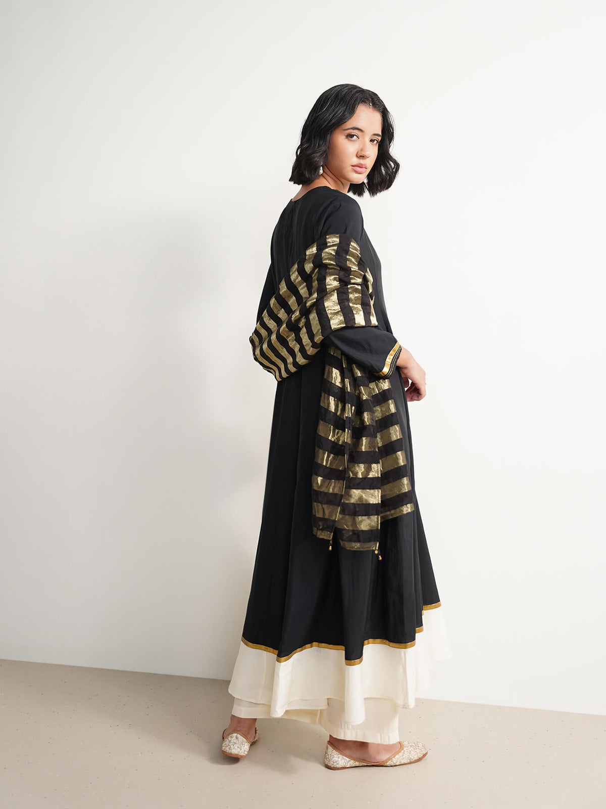 Viscose Anarkali Kurta Set with Dupatta - Black & White