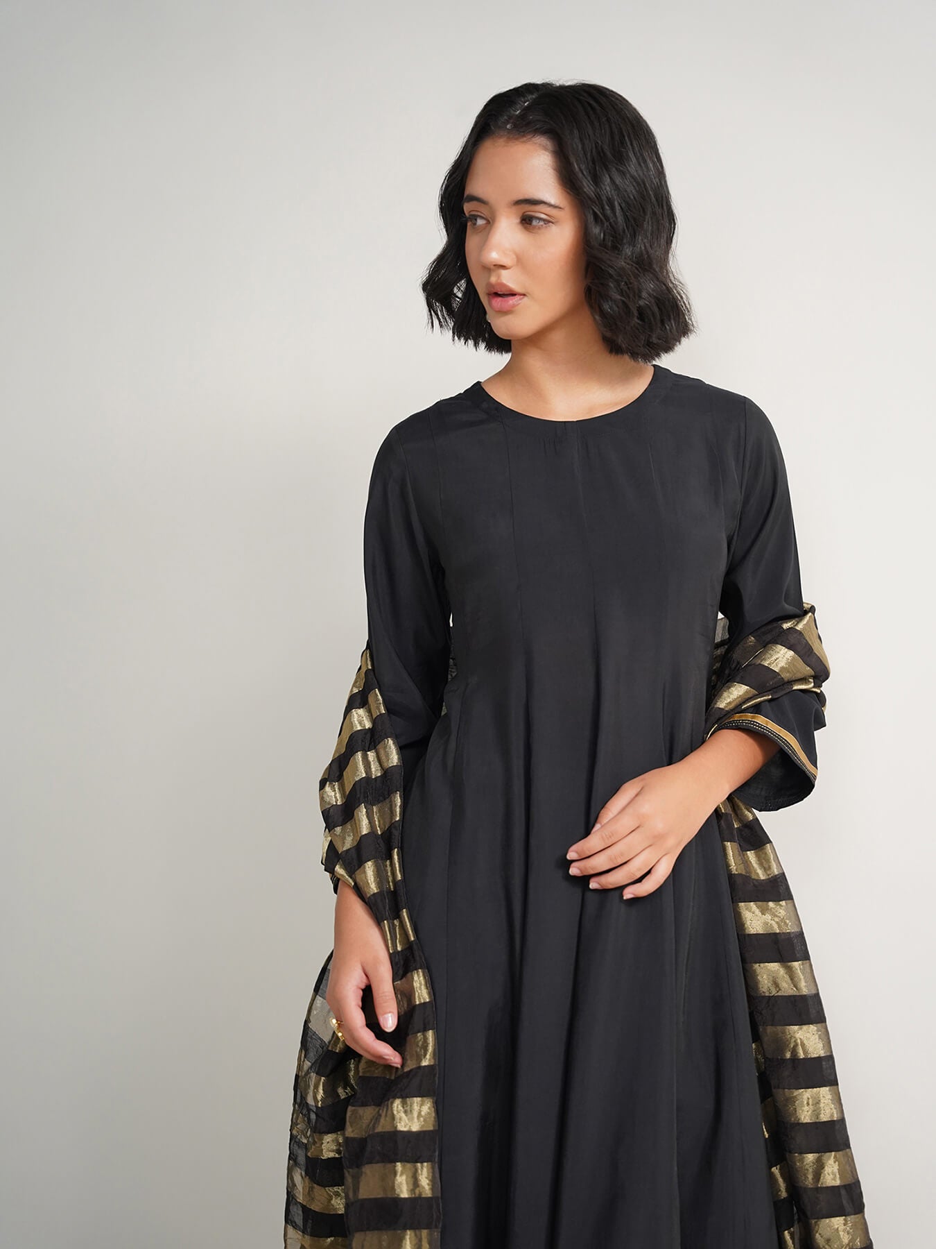 Viscose Anarkali Kurta Set with Dupatta - Black & White