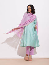 Chanderi A Line Kurta Set - Green & Lavender