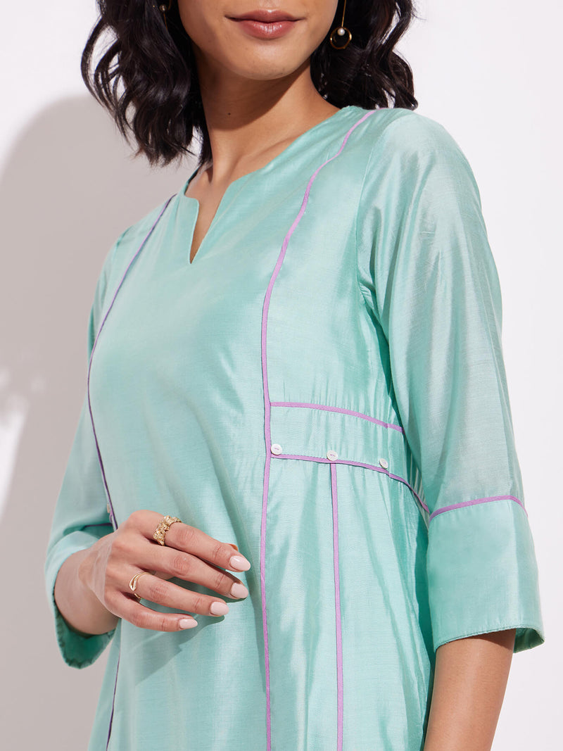 Chanderi A Line Kurta Set - Green & Lavender