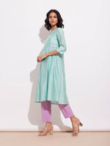 Chanderi A Line Kurta Set - Green & Lavender