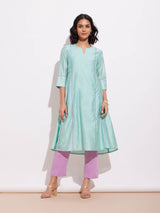 Chanderi A Line Kurta Set - Green & Lavender