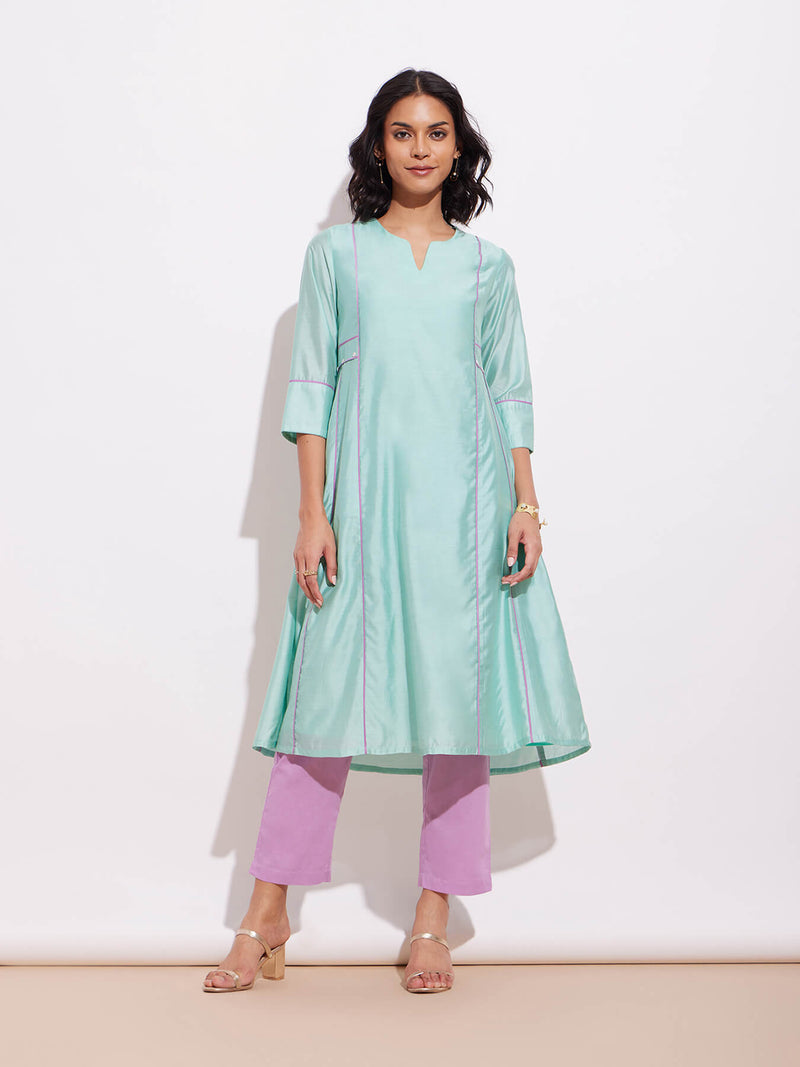 Chanderi A Line Kurta Set - Green & Lavender