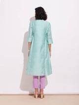 Chanderi A Line Kurta Set - Green & Lavender