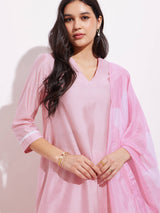 Chanderi Solid Kurta Set - Pink & White