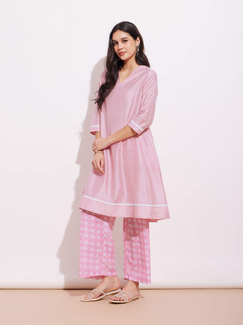 Chanderi Solid Kurta Set - Pink & White