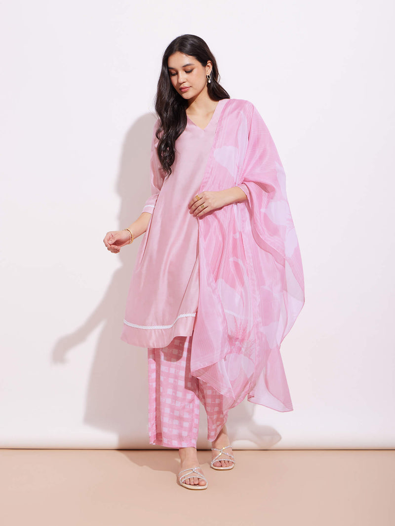 Chanderi Solid Kurta Set - Pink & White