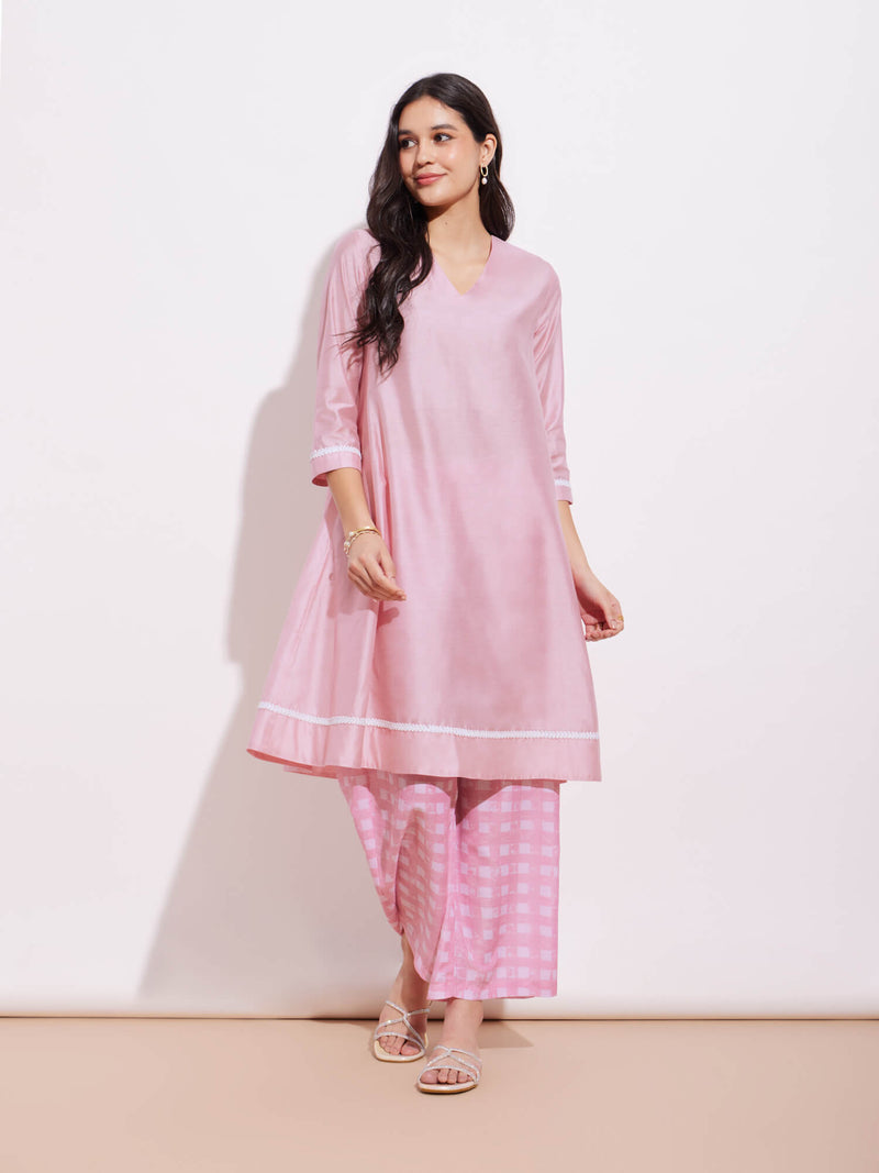 Chanderi Solid Kurta Set - Pink & White