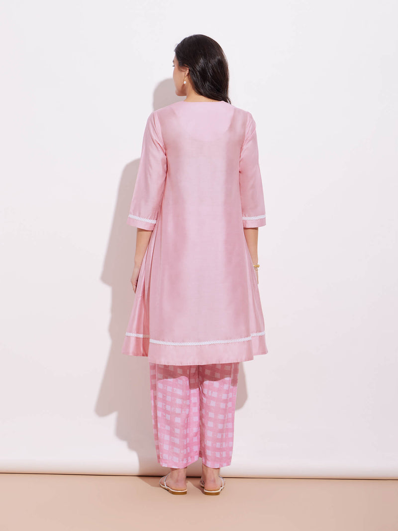 Chanderi Solid Kurta Set - Pink & White