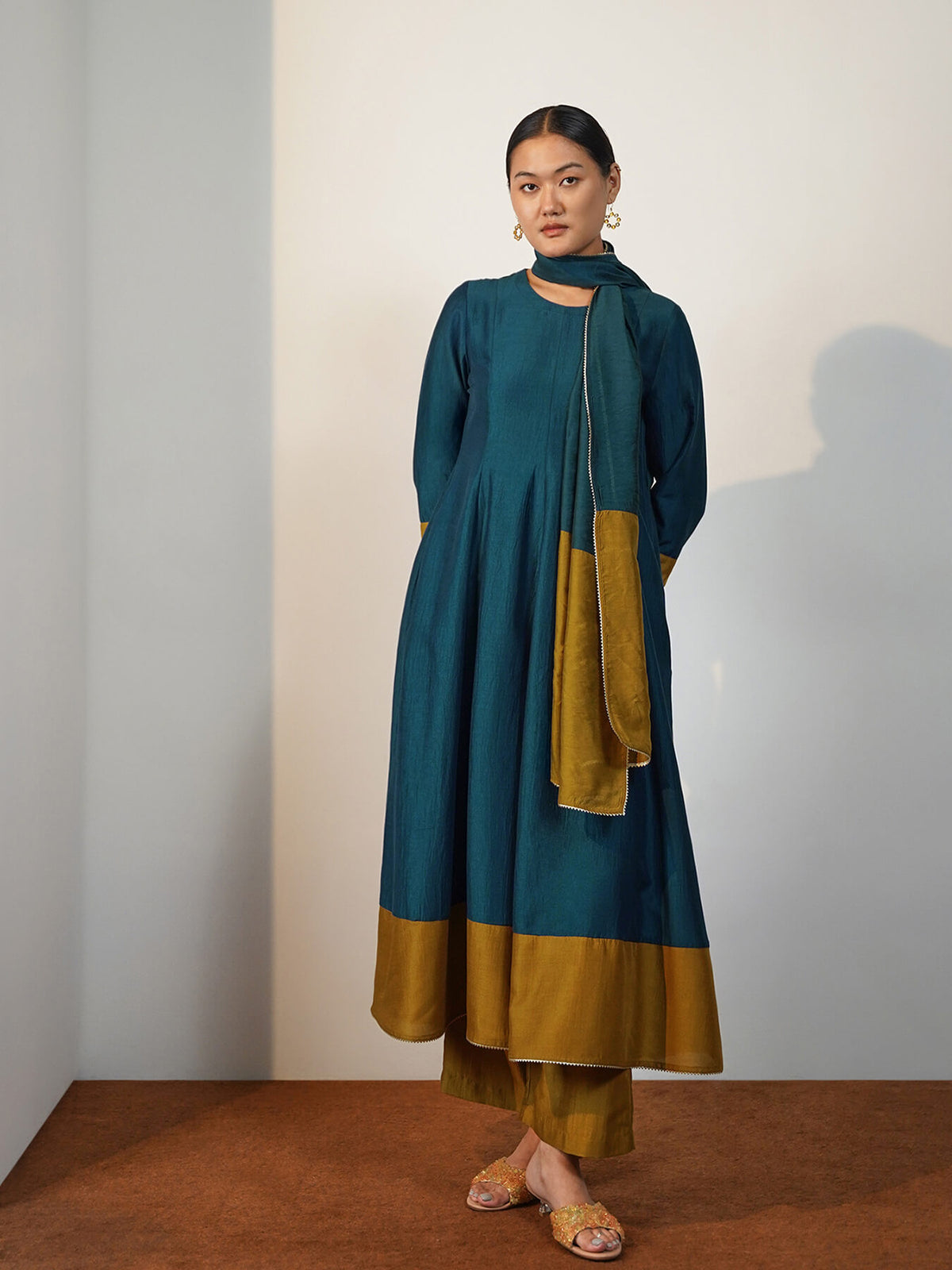 Viscose Silk Colourblock Anarkali Kurta Set with Dupatta - Teal & Mustard