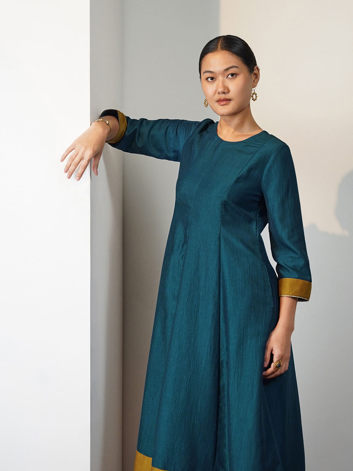 Viscose Silk Colourblock Anarkali Kurta Set with Dupatta - Teal & Mustard
