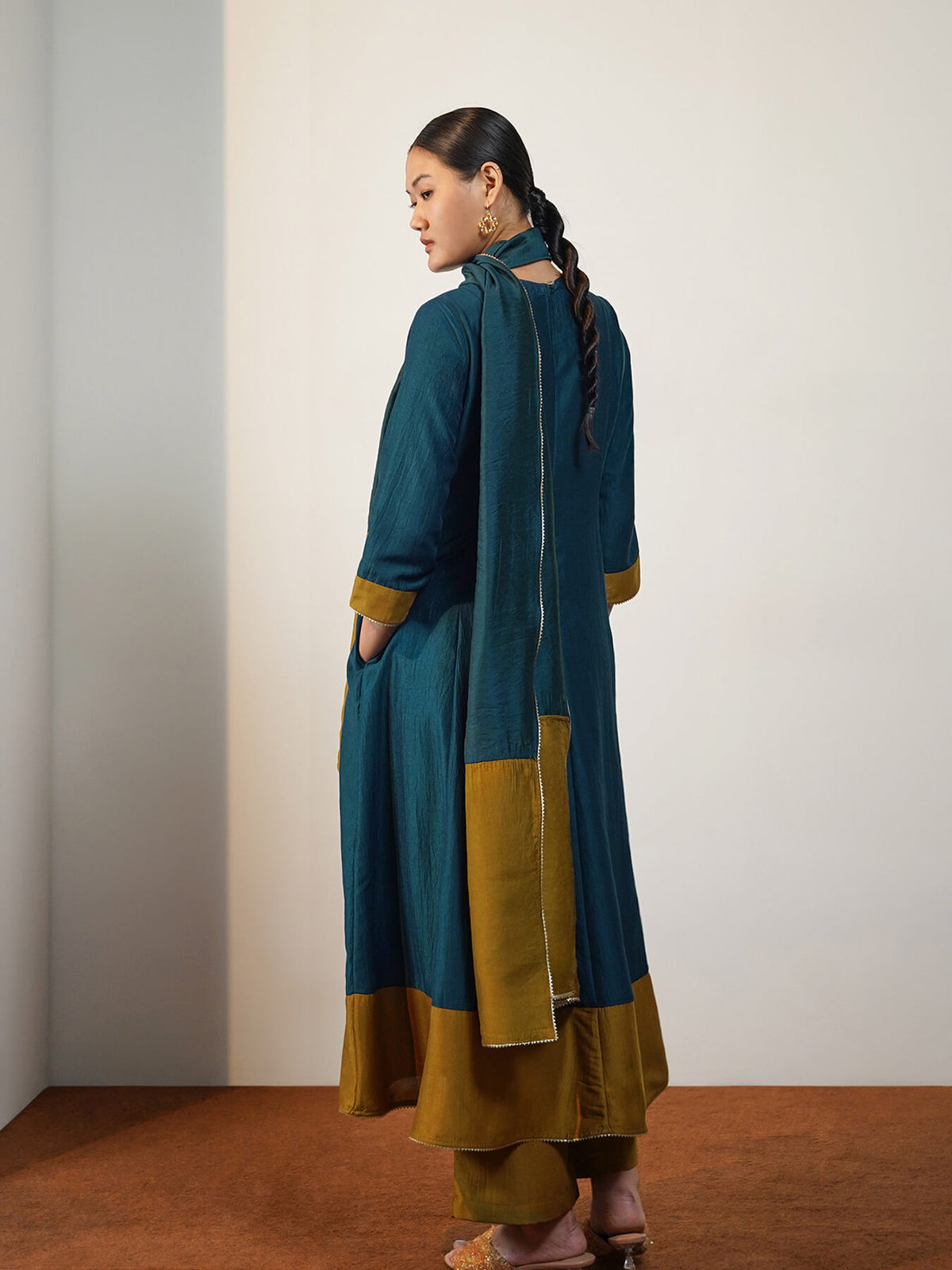 Viscose Silk Colourblock Anarkali Kurta Set with Dupatta - Teal & Mustard