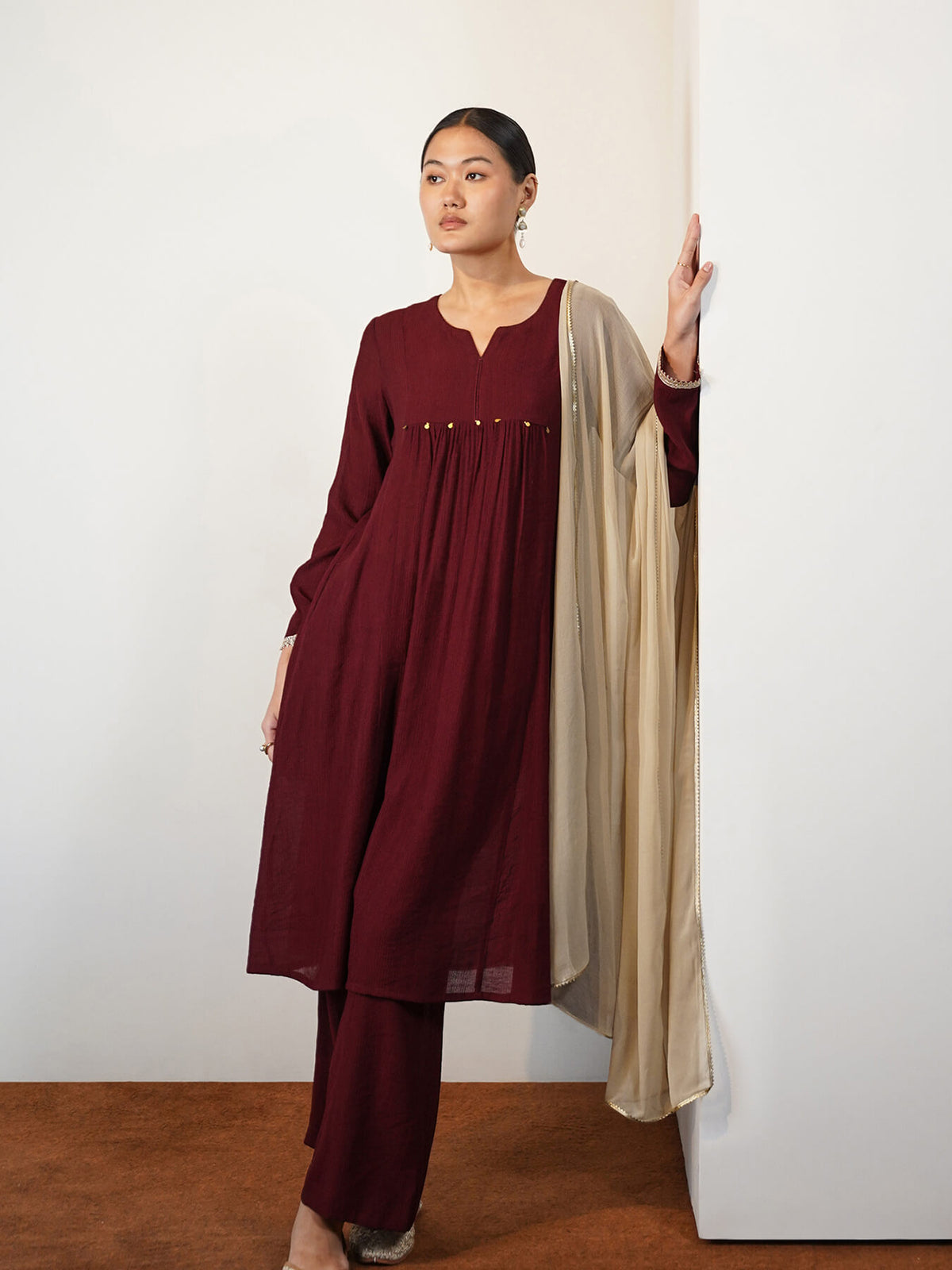 Viscose Silk Solid Kurta Set with Dupatta - Maroon