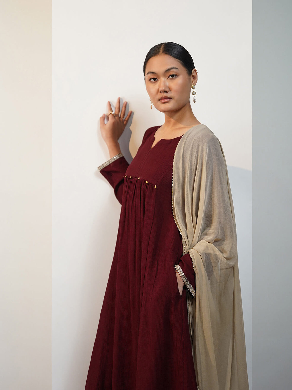 Viscose Silk Solid Kurta Set with Dupatta - Maroon