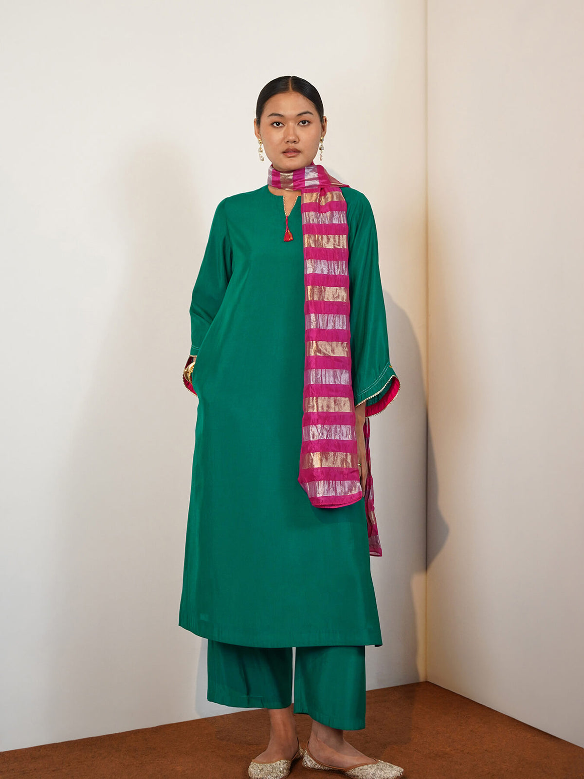 Viscose Silk Solid Kurta Set with Dupatta - Green & Pink