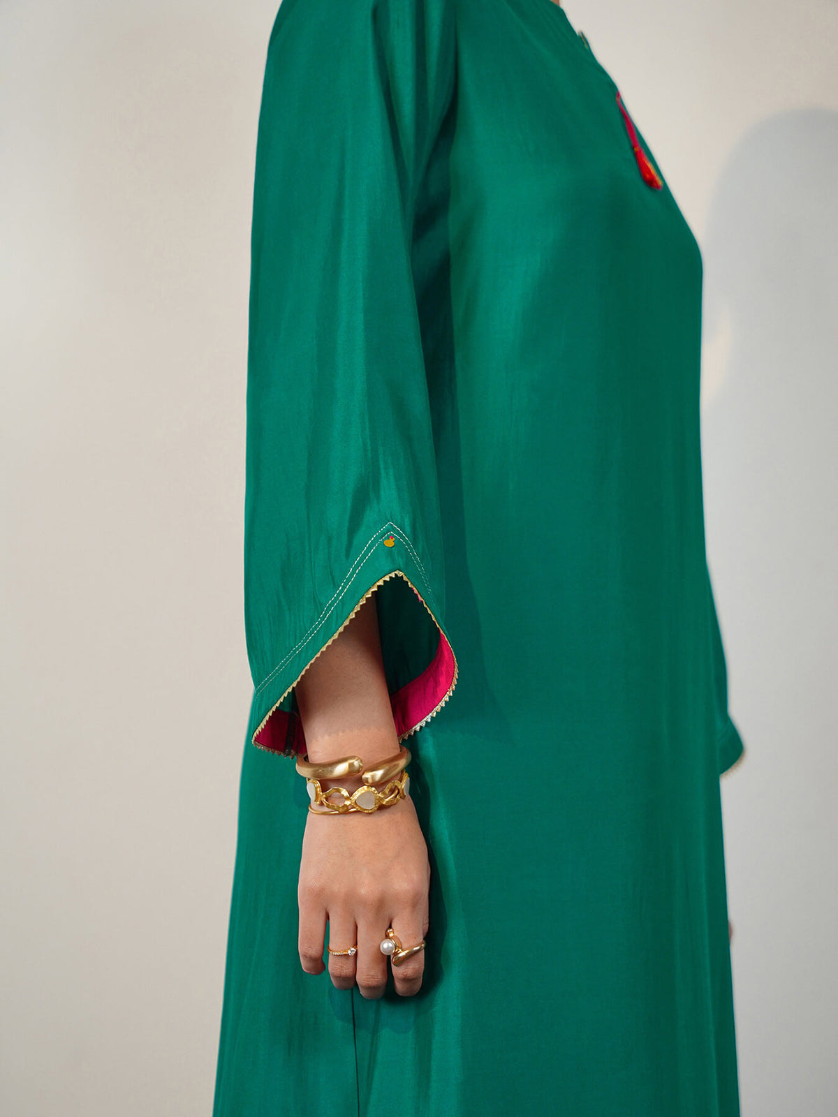 Viscose Silk Solid Kurta Set with Dupatta - Green & Pink