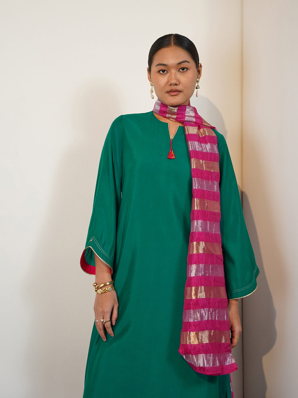Viscose Silk Solid Kurta Set with Dupatta - Green & Pink