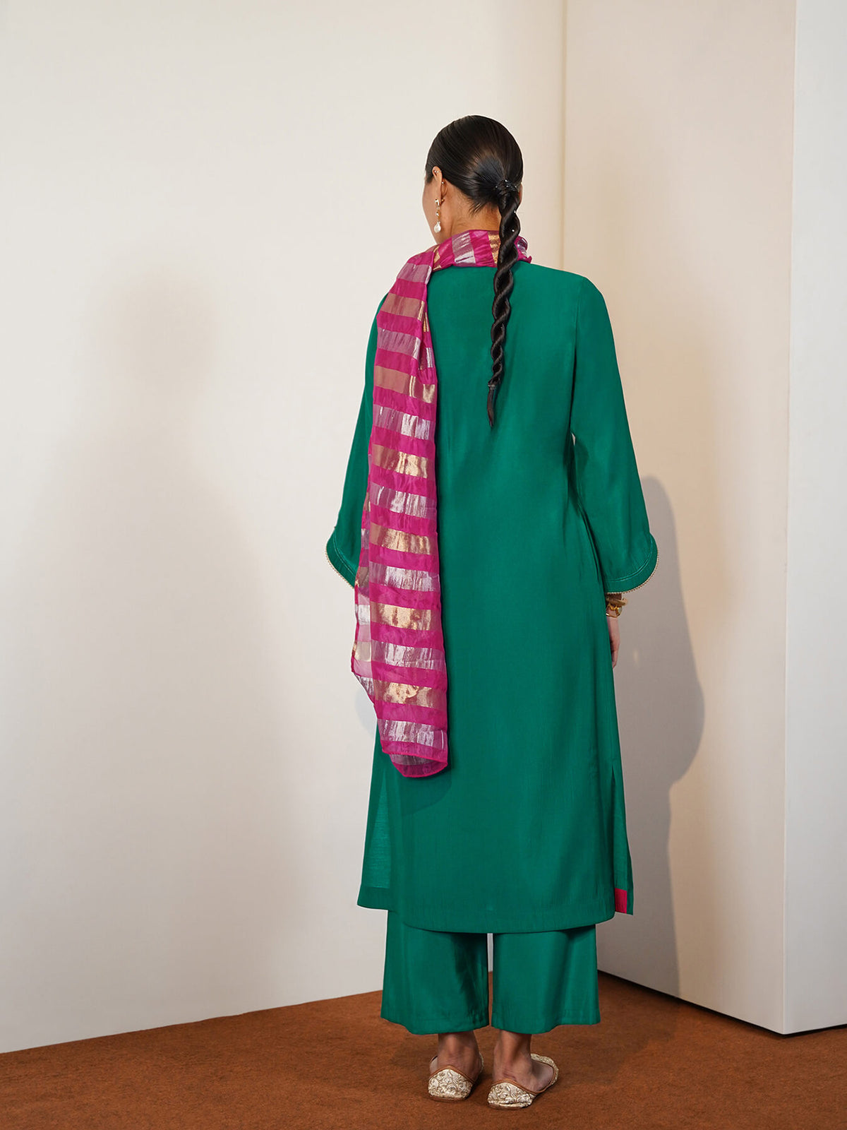 Viscose Silk Solid Kurta Set with Dupatta - Green & Pink