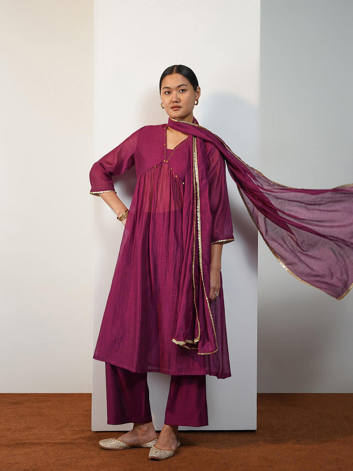 Chanderi Cotton Solid Kurta Set with Dupatta - Purple