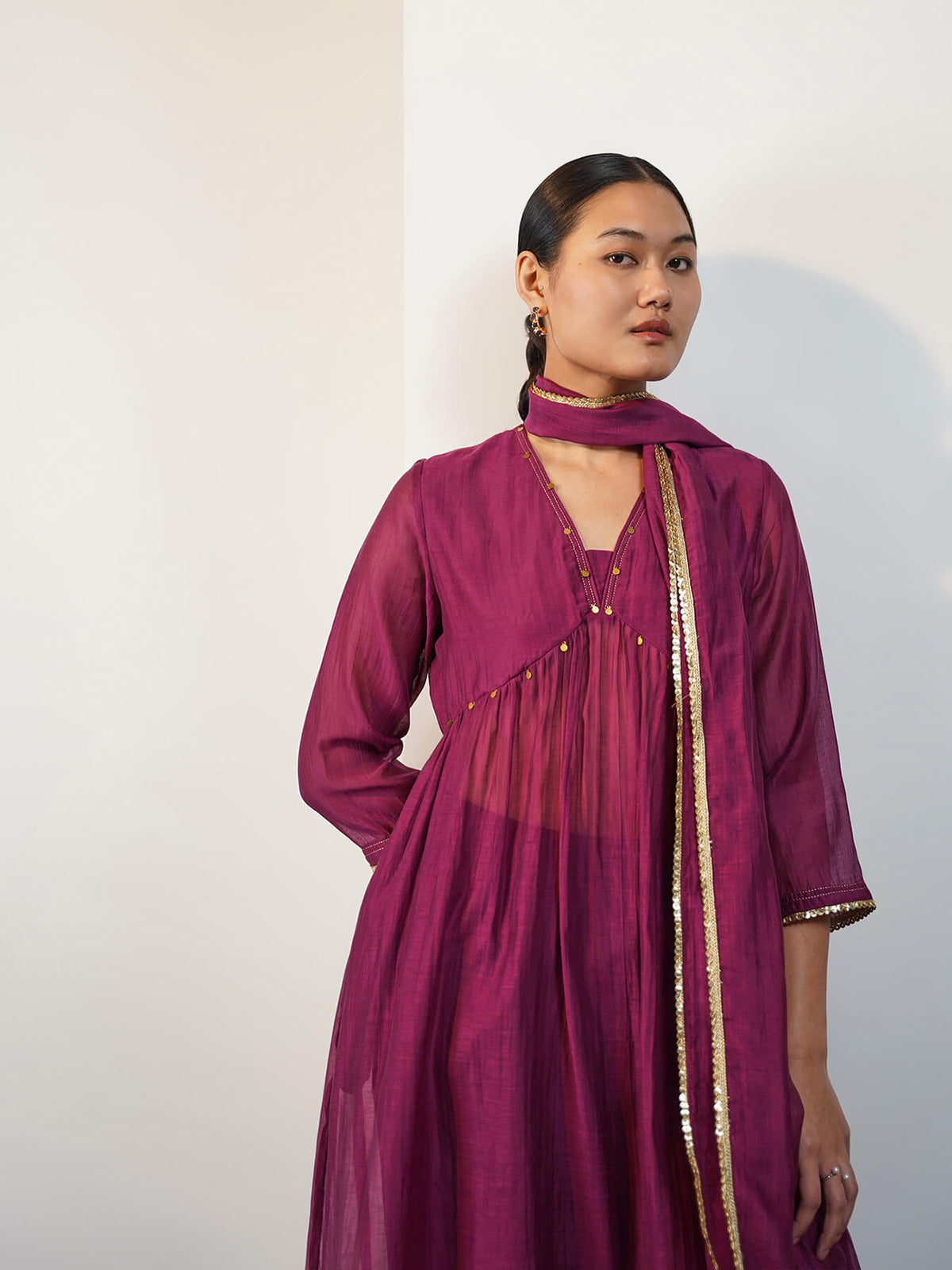 Chanderi Cotton Solid Kurta Set with Dupatta - Purple