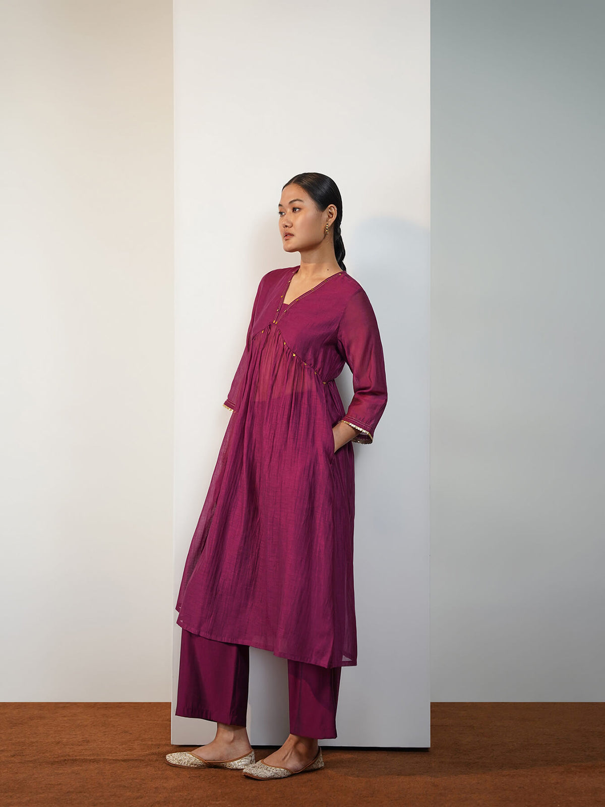 Chanderi Cotton Solid Kurta Set with Dupatta - Purple