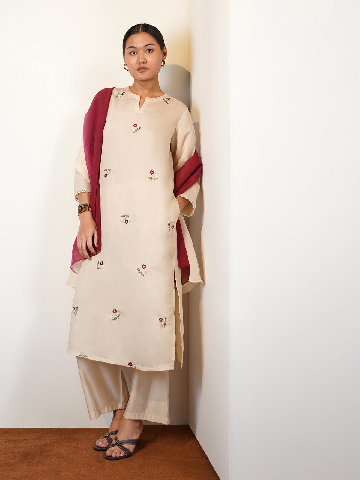 Viscose Silk Floral Kurta Set with Dupatta - Cream