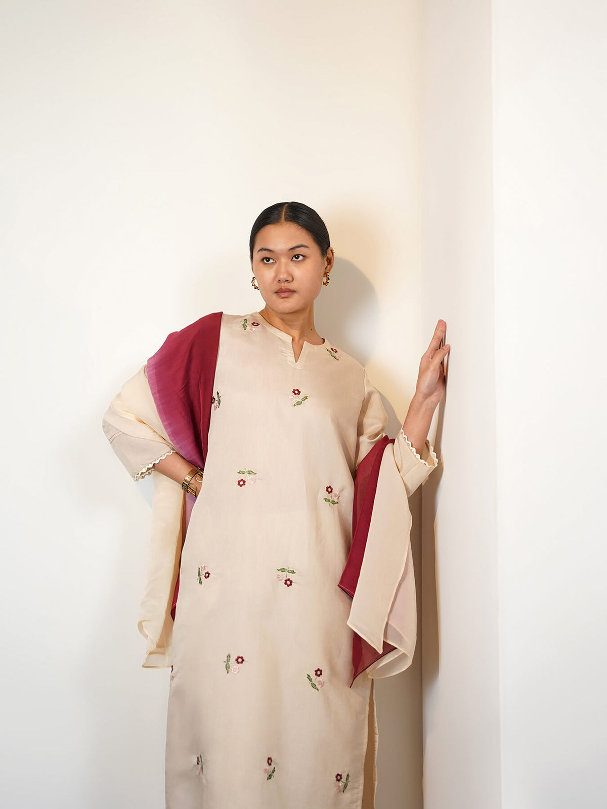 Viscose Silk Floral Kurta Set with Dupatta - Cream