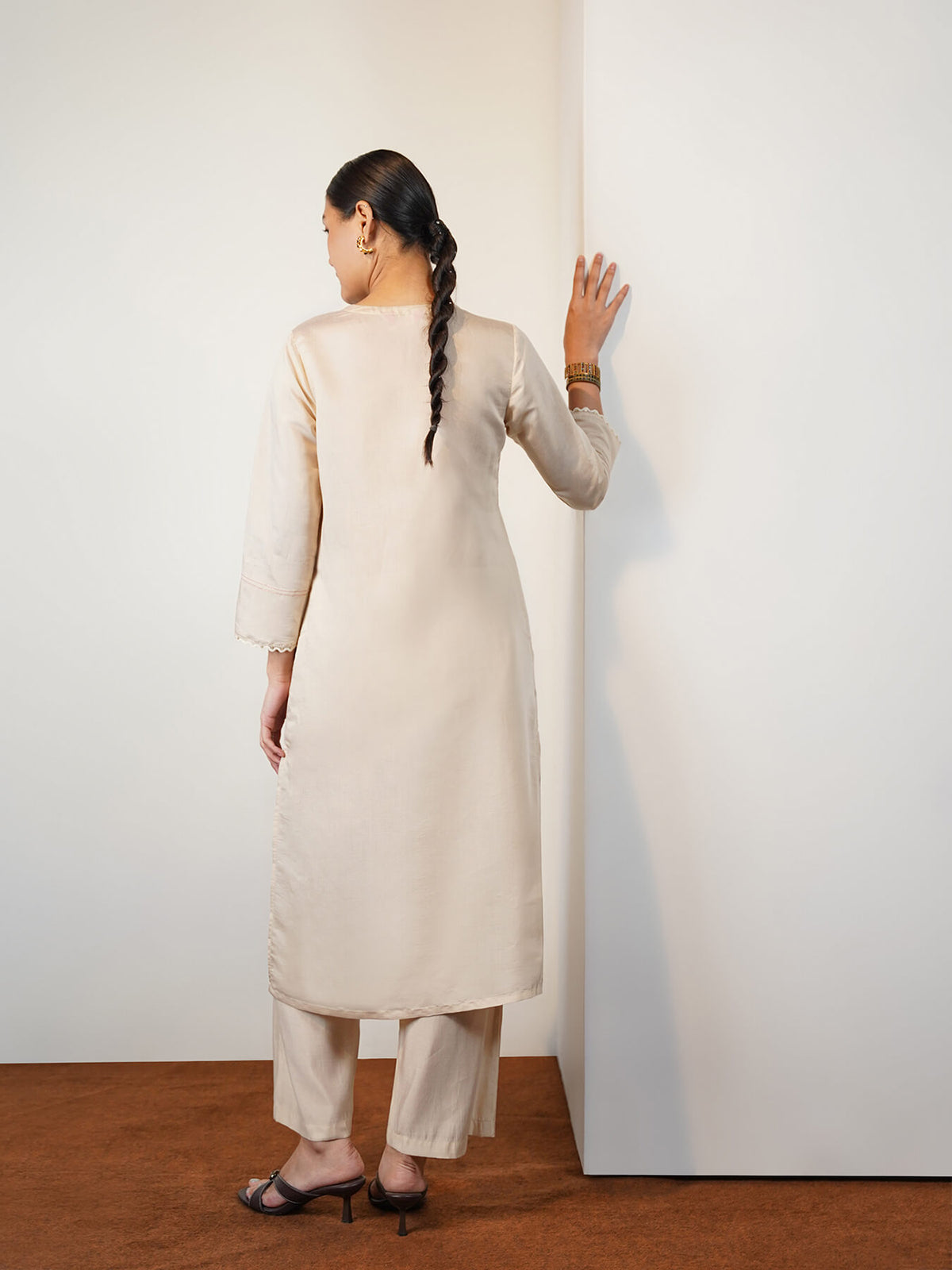 Viscose Silk Floral Kurta Set with Dupatta - Cream