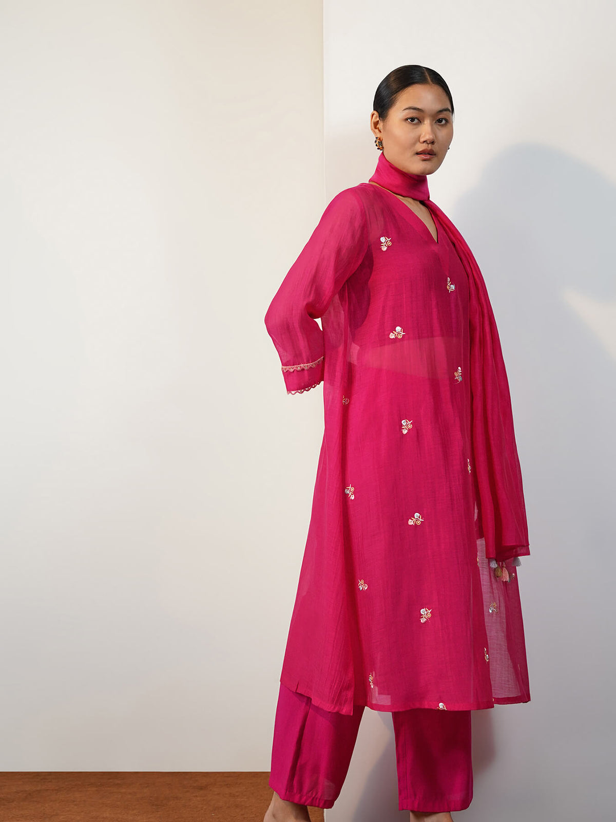 Viscose Silk Embroidered Kurta Set with Dupatta - Pink