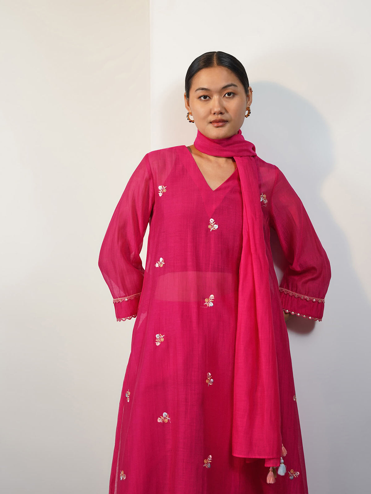 Viscose Silk Embroidered Kurta Set with Dupatta - Pink