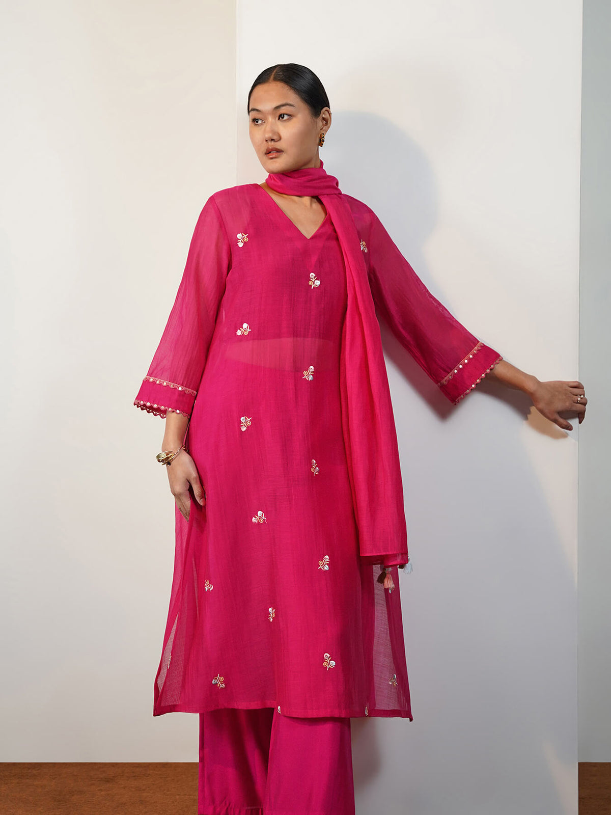 Viscose Silk Embroidered Kurta Set with Dupatta - Pink