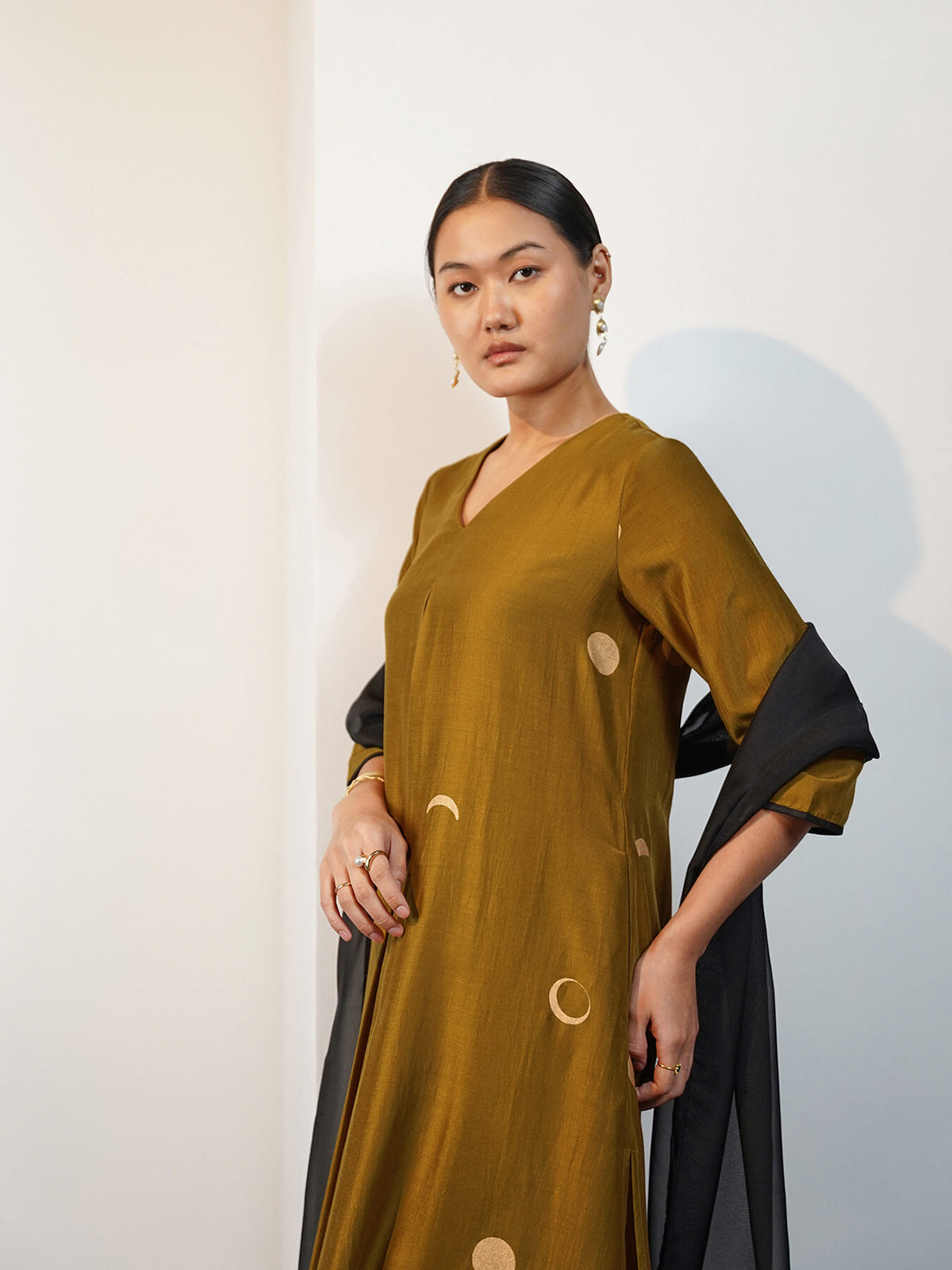 Viscose Silk Polka Print Kurta Set with Dupatta - Olive and Black