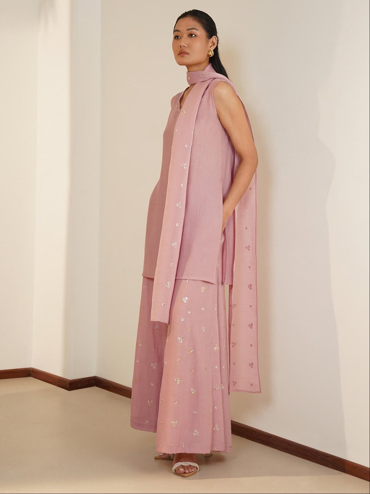 Chiffon Floral Kurta Set with Dupatta - Pink