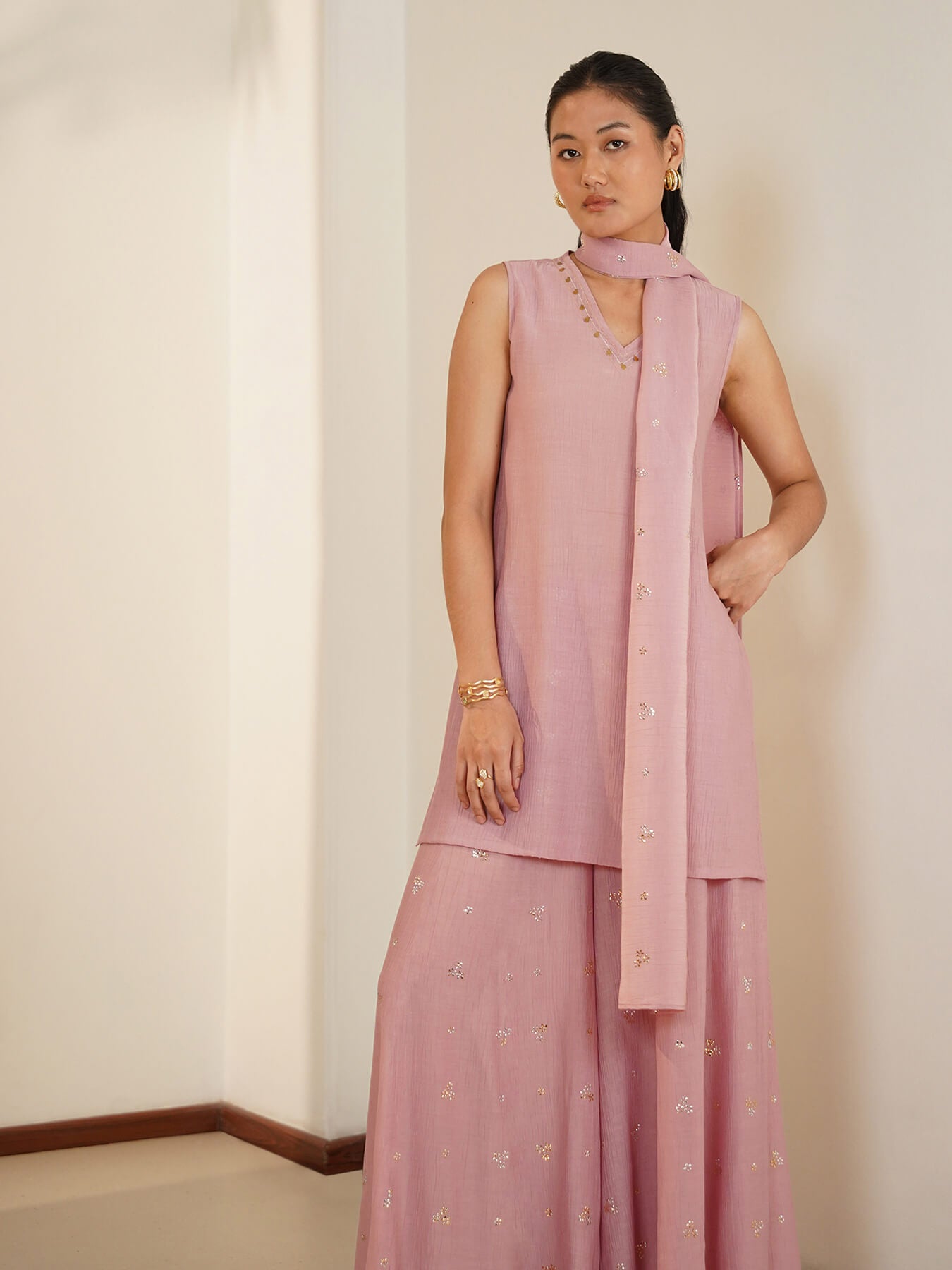 Chiffon Floral Kurta Set with Dupatta - Pink