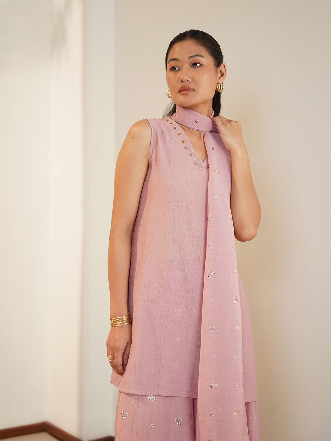 Chiffon Floral Kurta Set with Dupatta - Pink