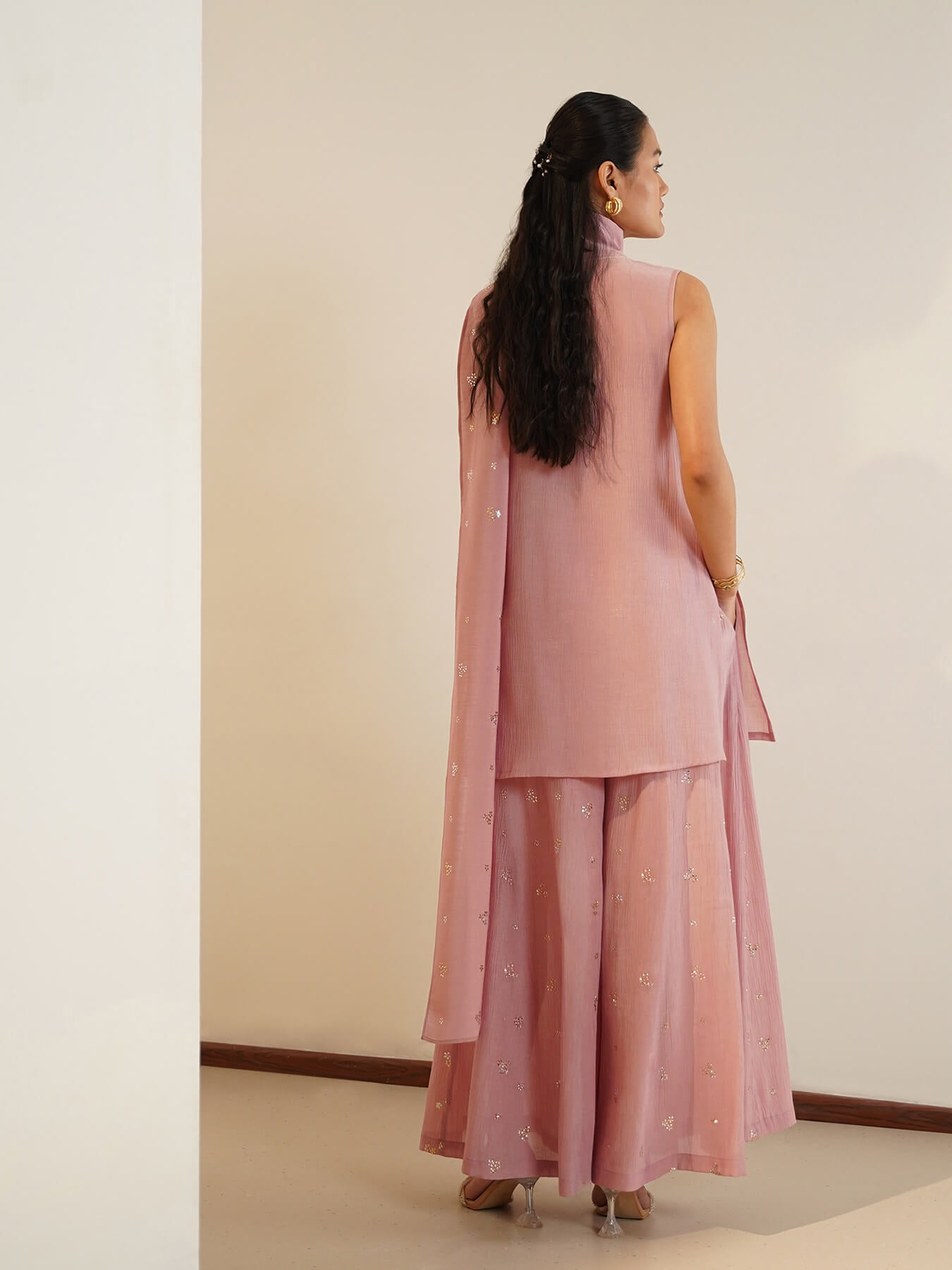 Chiffon Floral Kurta Set with Dupatta - Pink