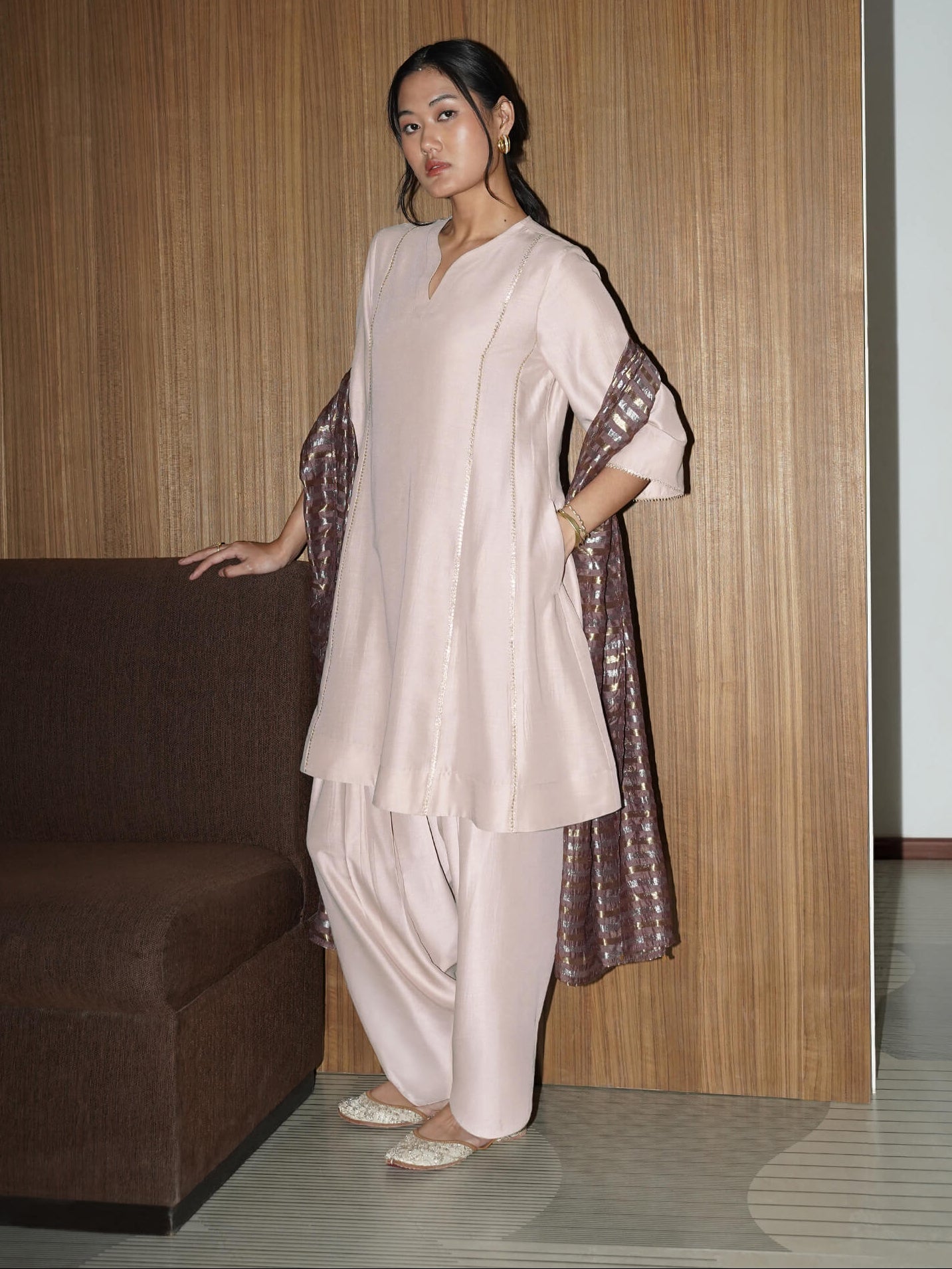 Silk Blend Kurta Set with Dupatta - Beige & Gold