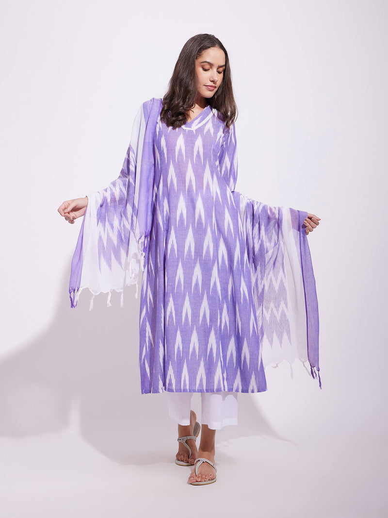 Cotton Ikat Kurta Set With Dupatta - Purple & White