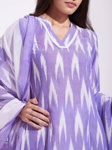 Cotton Ikat Kurta Set With Dupatta - Purple & White