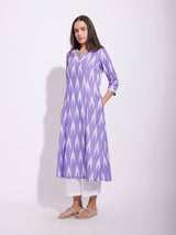 Cotton Ikat Kurta Set With Dupatta - Purple & White