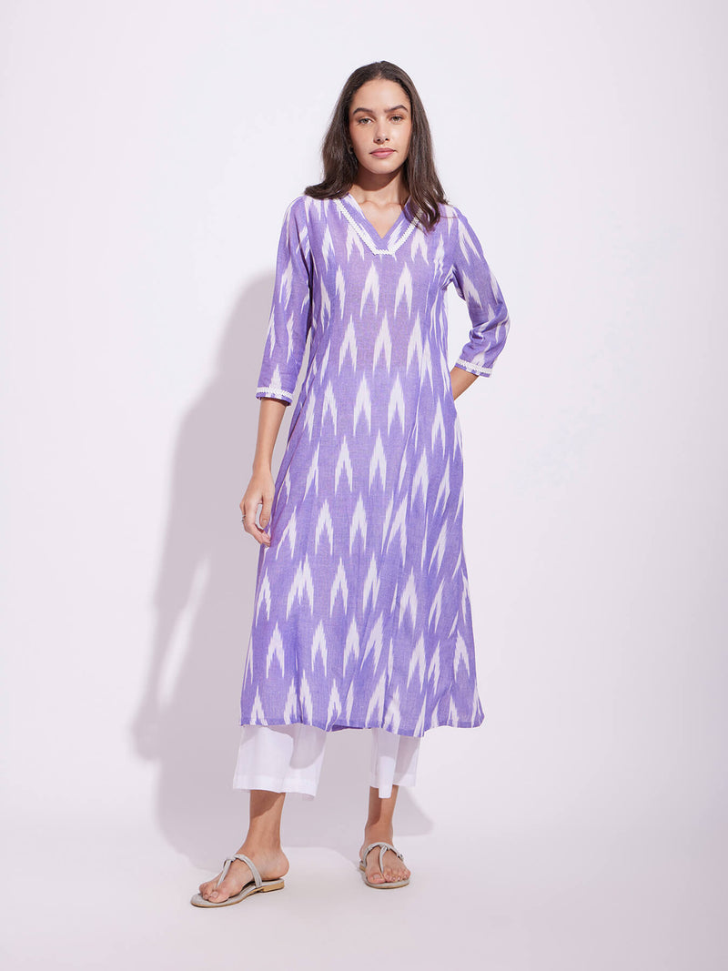 Cotton Ikat Kurta Set With Dupatta - Purple & White