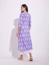 Cotton Ikat Kurta Set With Dupatta - Purple & White