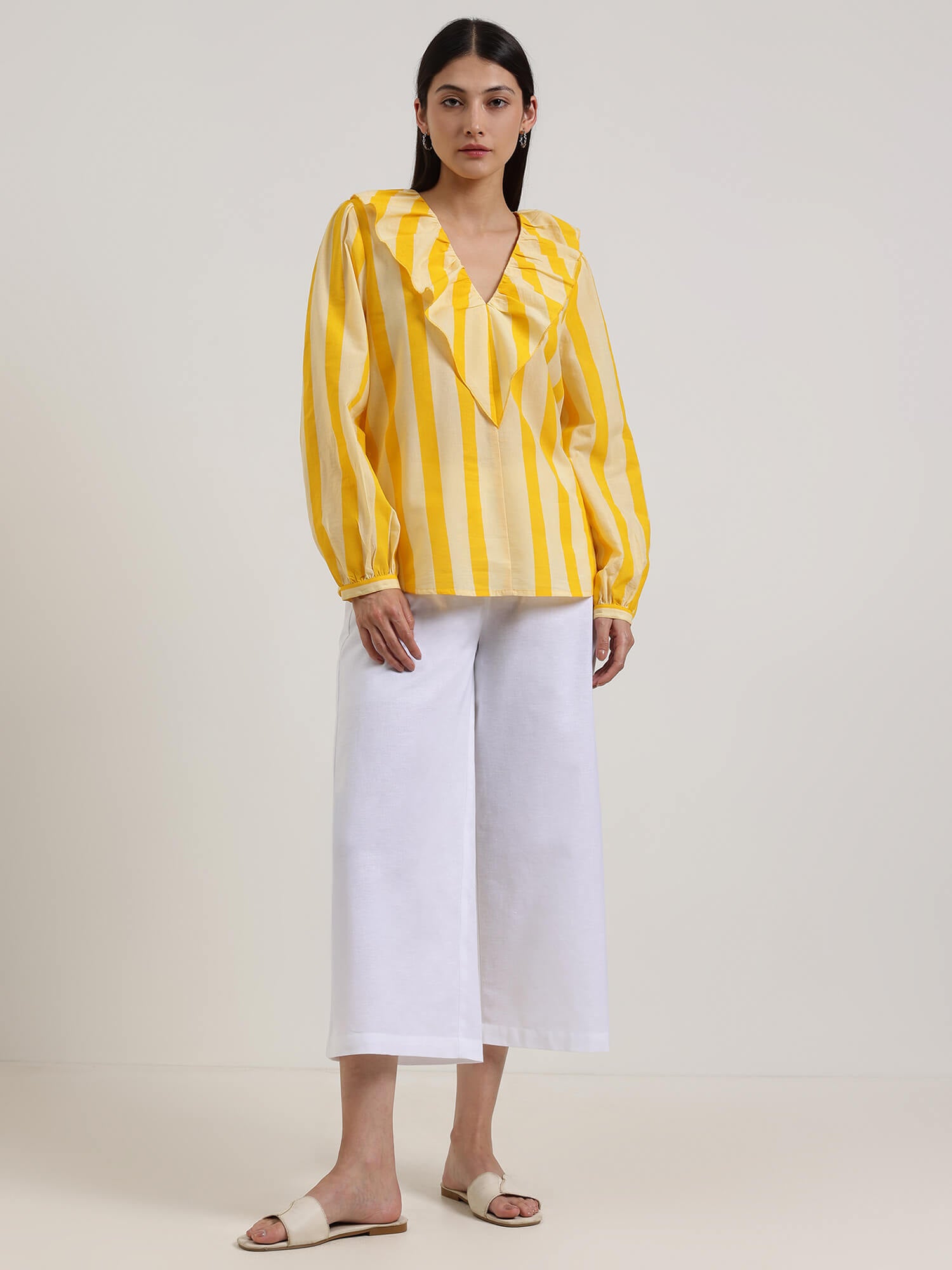 Linen Blend Solid Flared Culottes - White