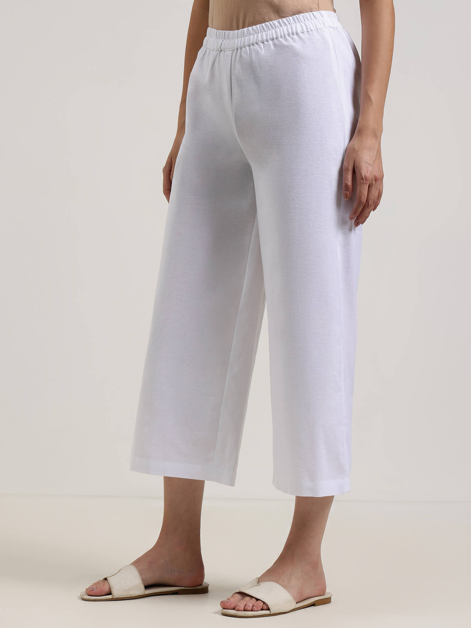 Linen Blend Solid Flared Culottes - White
