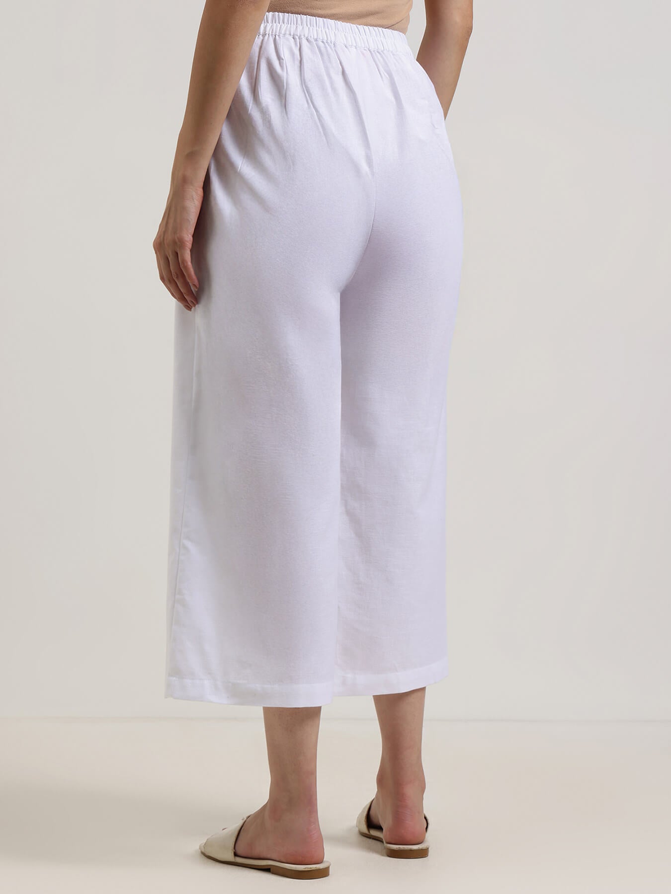 Linen Blend Solid Flared Culottes - White